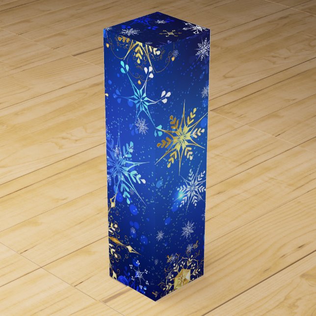 XMAS Blue Background with Golden Snowflakes Wine Box (Front)