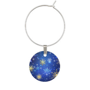 XMAS Blue Background with Golden Snowflakes Wine Charm