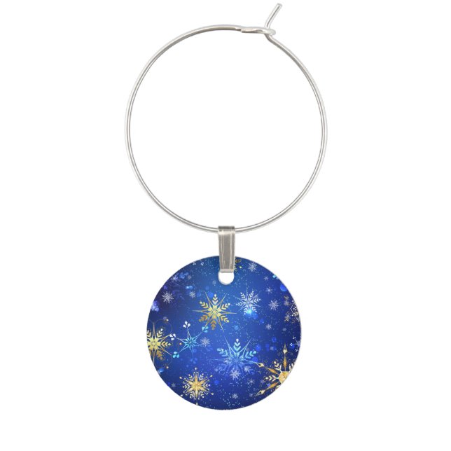 XMAS Blue Background with Golden Snowflakes Wine Charm (First Charm)