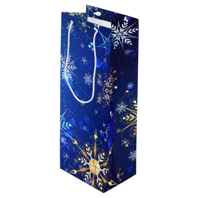 XMAS Blue Background with Golden Snowflakes Wine Gift Bag (Front Angled)