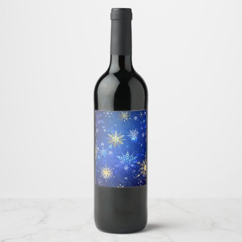 XMAS Blue Background with Golden Snowflakes Wine Label