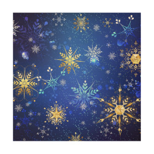 XMAS Blue Background with Golden Snowflakes Wood Wall Art