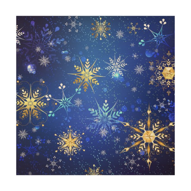 XMAS Blue Background with Golden Snowflakes Wood Wall Art (Front)