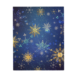XMAS Blue Background with Golden Snowflakes Wood Wall Art