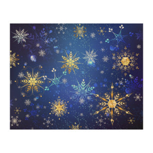 XMAS Blue Background with Golden Snowflakes Wood Wall Art