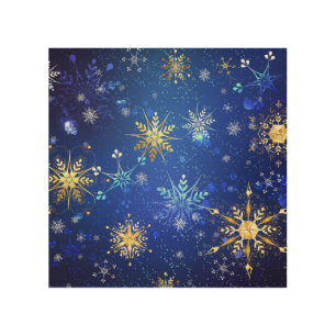 XMAS Blue Background with Golden Snowflakes Wood Wall Art