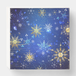 XMAS Blue Background with Golden Snowflakes Wooden Box Sign