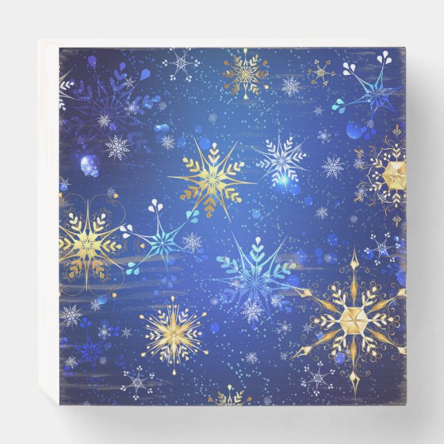 XMAS Blue Background with Golden Snowflakes Wooden Box Sign (Front Horizontal)