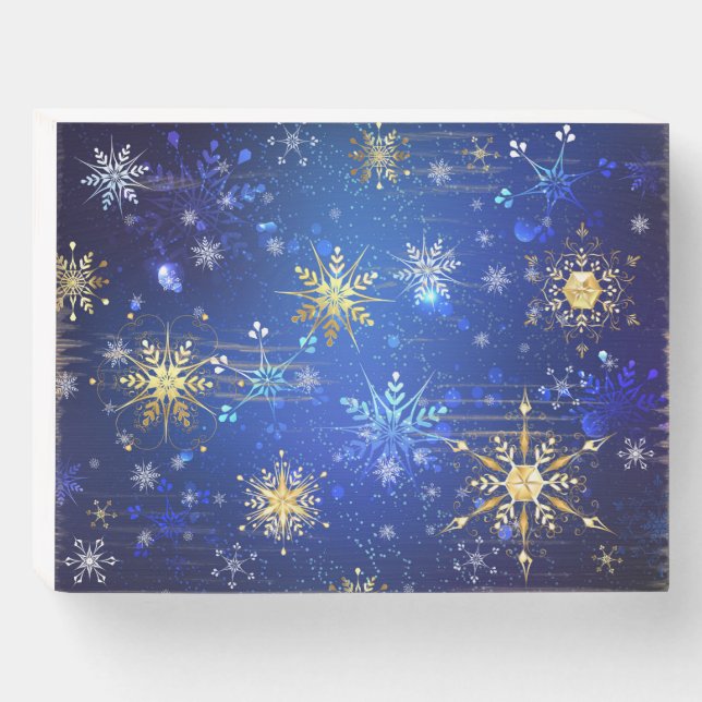 XMAS Blue Background with Golden Snowflakes Wooden Box Sign (Front Horizontal)