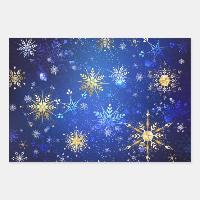 XMAS Blue Background with Golden Snowflakes Wrapping Paper Sheets (Front)