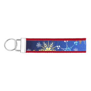 XMAS Blue Background with Golden Snowflakes Wrist Keychain