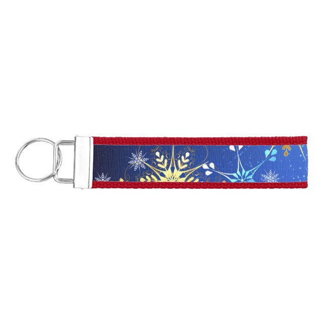 XMAS Blue Background with Golden Snowflakes Wrist Keychain (Keys on Left)