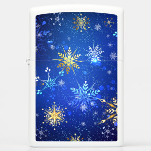 XMAS Blue Background with Golden Snowflakes Zippo Lighter