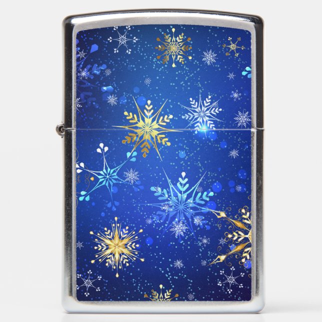 XMAS Blue Background with Golden Snowflakes Zippo Lighter (Front)