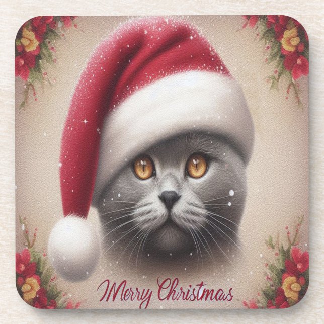 Xmas Bombay Cat, Merry Christmas Bombay Kitten Beverage Coaster (Front)