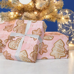Xmas Brown Gingerbread Men Hearts Stars Trees Pink Wrapping Paper