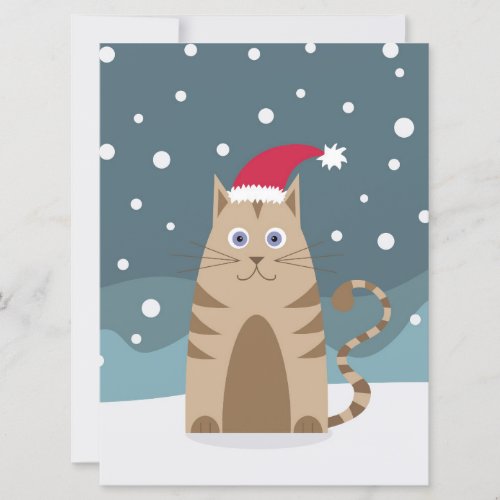 Xmas cat wearing santa hat in snow forest card