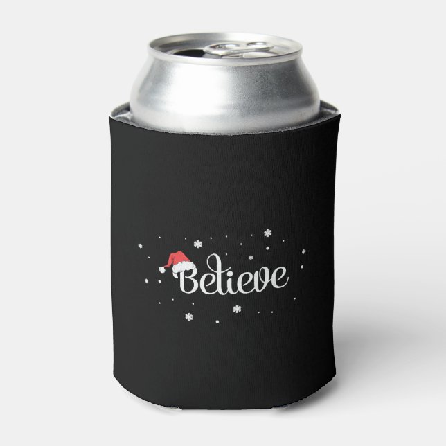 Xmas Christmas Believe Snowflakes Santa Hat Can Cooler (Can Front)