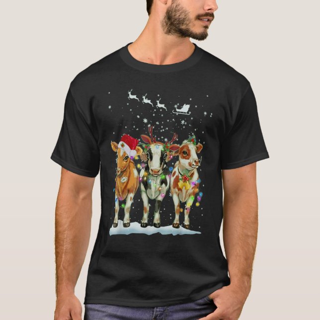 Xmas Cow With Christmas Light Happy Holidays T-Shirt (Front)