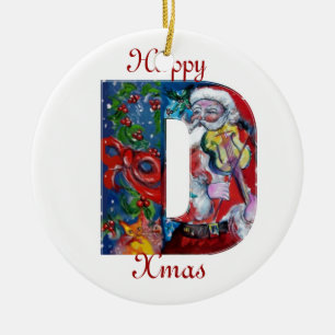 XMAS D LETTER /SANTA CLAUS WITH VIOLIN MONOGRAM CERAMIC ORNAMENT