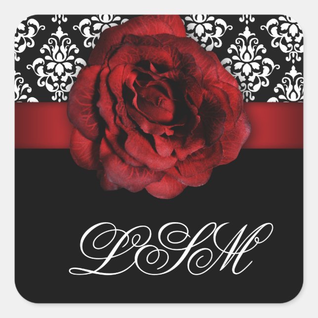 Xmas Damask Wedding Stickers Red Rose Black White (Front)