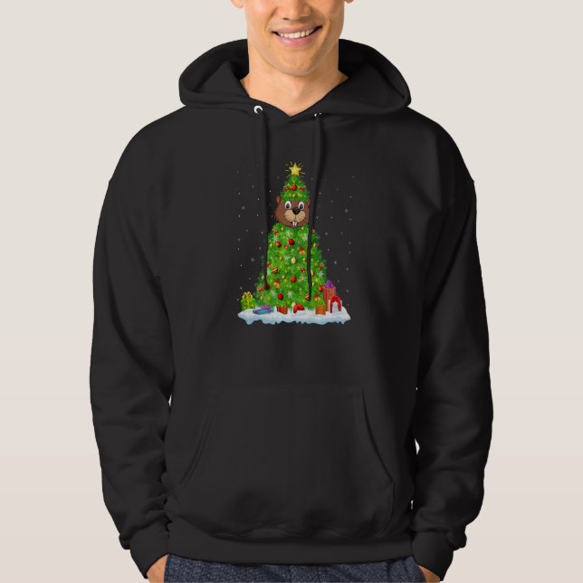 Xmas Decorations Lights Santa Beaver Christmas Tre Hoodie (Front)