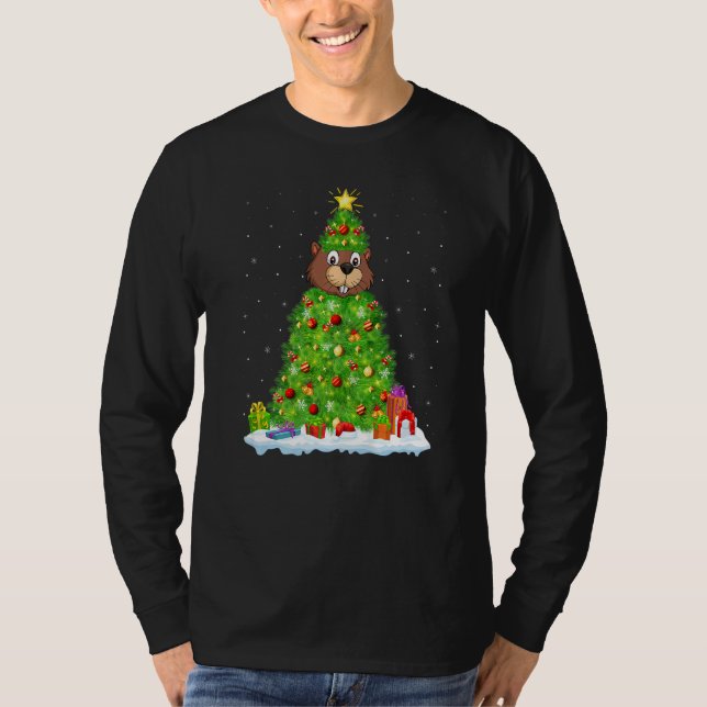 Xmas Decorations Lights Santa Beaver Christmas Tre T-Shirt (Front)