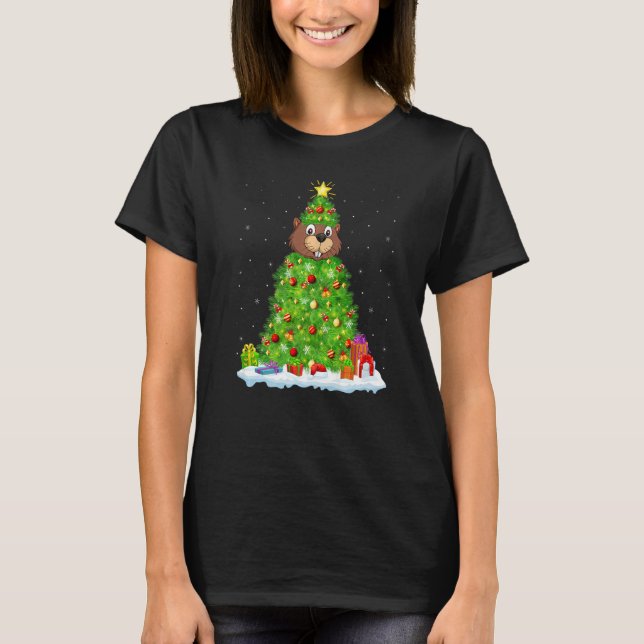 Xmas Decorations Lights Santa Beaver Christmas Tre T-Shirt (Front)