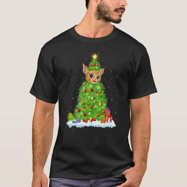 Xmas Decorations Lights Santa Bobcat Christmas Tre T-Shirt (Front)