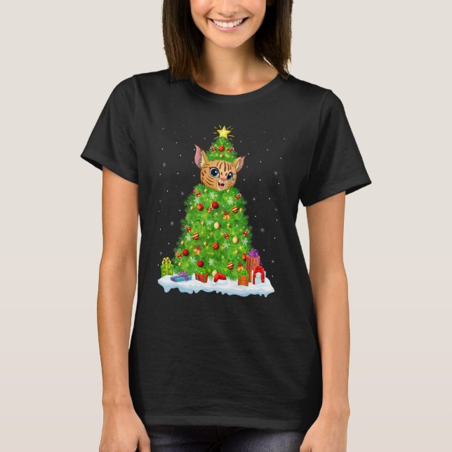 Xmas Decorations Lights Santa Bobcat Christmas Tre T-Shirt (Front)