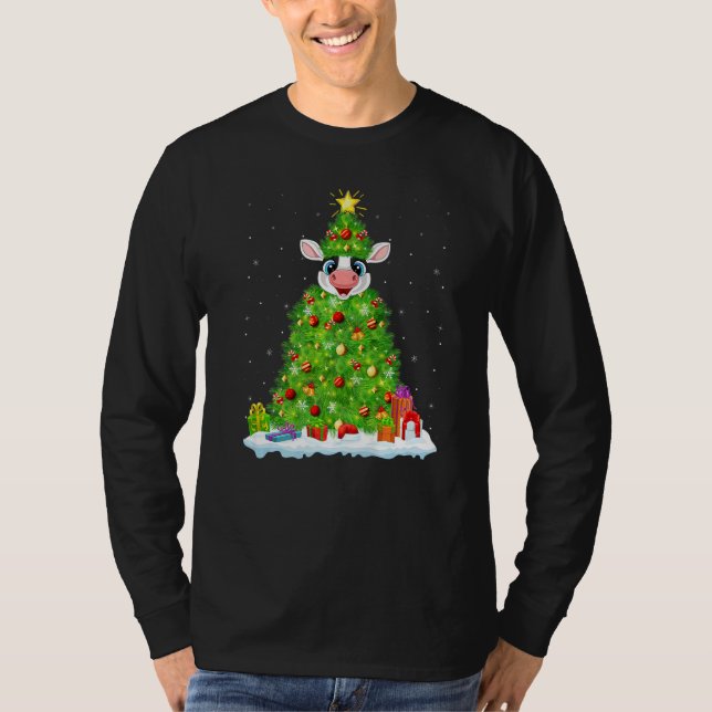 Xmas Decorations Lights Santa Cattle Christmas Tre T-Shirt (Front)