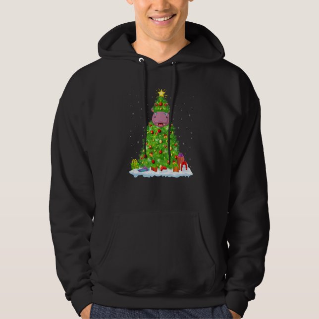 Xmas Decorations Lights Santa Hippopotamus Christm Hoodie (Front)