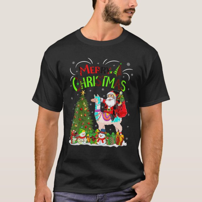 Xmas Decorations Lights Santa Riding Alpaca Christ T-Shirt (Front)