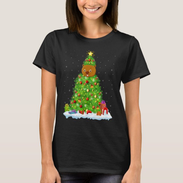 Xmas Decorations Lights Santa Wombat Christmas Tre T-Shirt (Front)