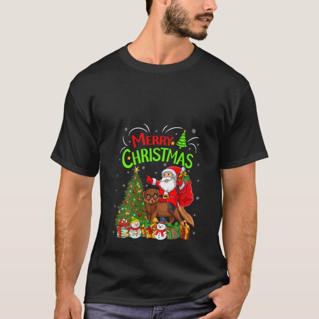 Xmas Decorations Tree Lights Santa Riding Meerkat  T-Shirt (Front)
