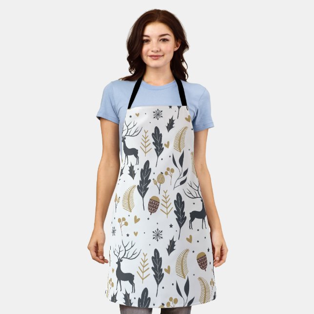 Xmas Deer and Leaves Joyful Greetings Collection Apron (Worn)