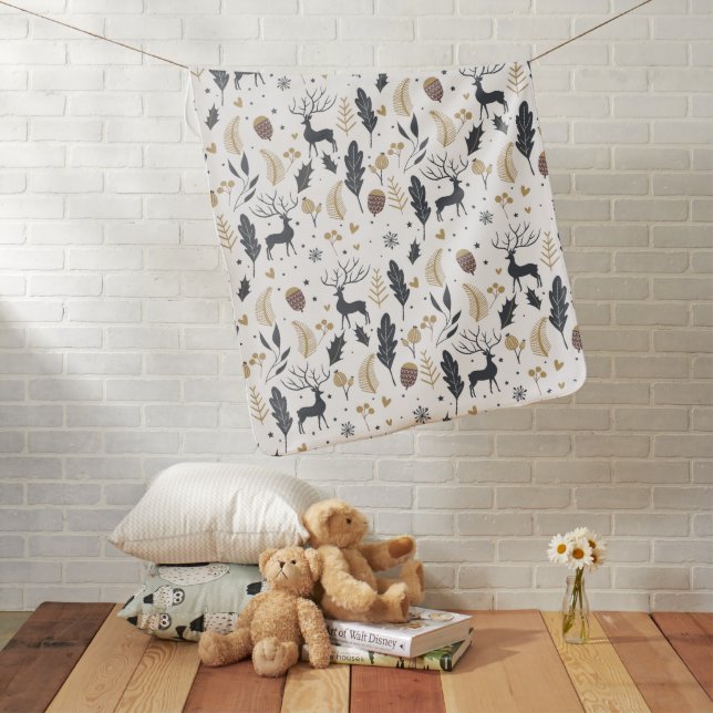 Xmas Deer and Leaves Joyful Greetings Collection Baby Blanket (In Situ)