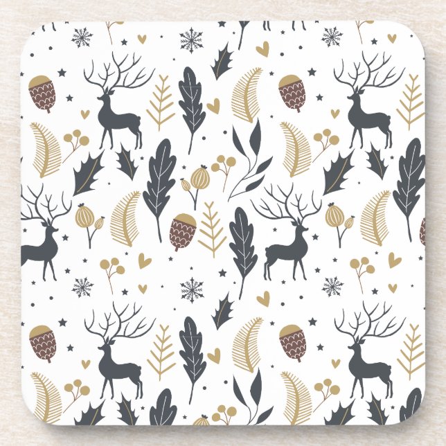 Xmas Deer and Leaves Joyful Greetings Collection Beverage Coaster (Front)