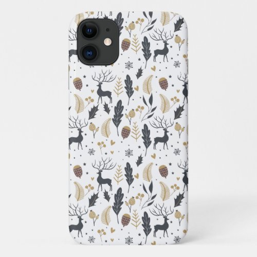 Xmas Deer and Leaves Joyful Greetings Collection iPhone 11 Case