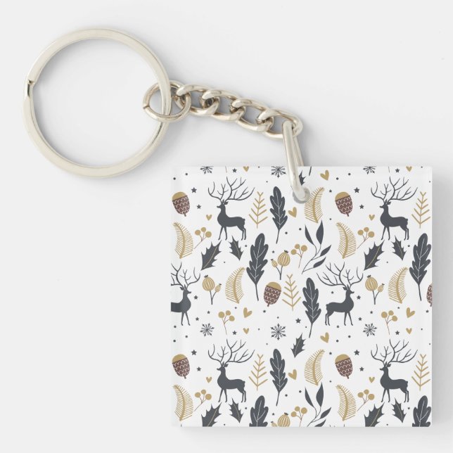 Xmas Deer and Leaves Joyful Greetings Collection Keychain (Front)