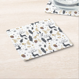 Xmas Deer and Leaves Joyful Greetings Collection Square Paper Coaster