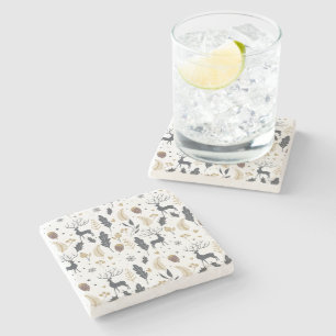 Xmas Deer and Leaves Joyful Greetings Collection Stone Coaster