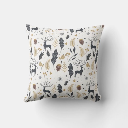 Xmas Deer and Leaves Joyful Greetings Collection Throw Pillow