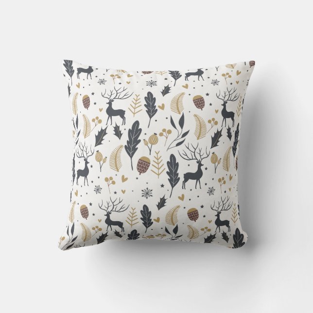 Xmas Deer and Leaves Joyful Greetings Collection Throw Pillow (Back)