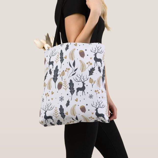 Xmas Deer and Leaves Joyful Greetings Collection Tote Bag (Close Up)