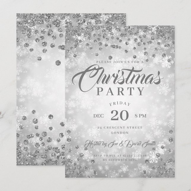 Xmas Dinner Party Silver Winter Diamonds Glitter Invitation (Front/Back)