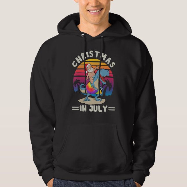 Xmas Dinosaur Summer Christmas In July Santa In Ju Hoodie (Front)