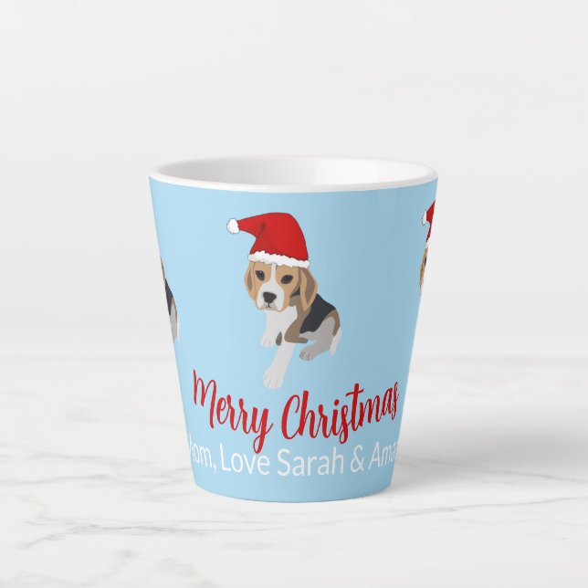 XMAS DOG LOVERS CHRISTMAS SANTA HAT BEAGLE ON BLUE LATTE MUG (Front)