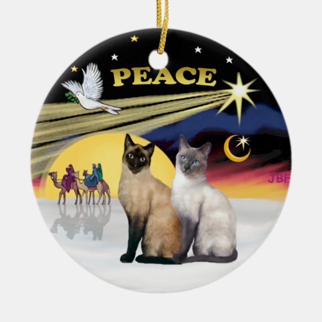 Xmas Dove - Two Siamese cats (Choc+Blue) Ceramic Ornament (Front)