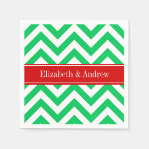 Xmas Emerald White LG Chevron Red Name Monogram Paper Napkins